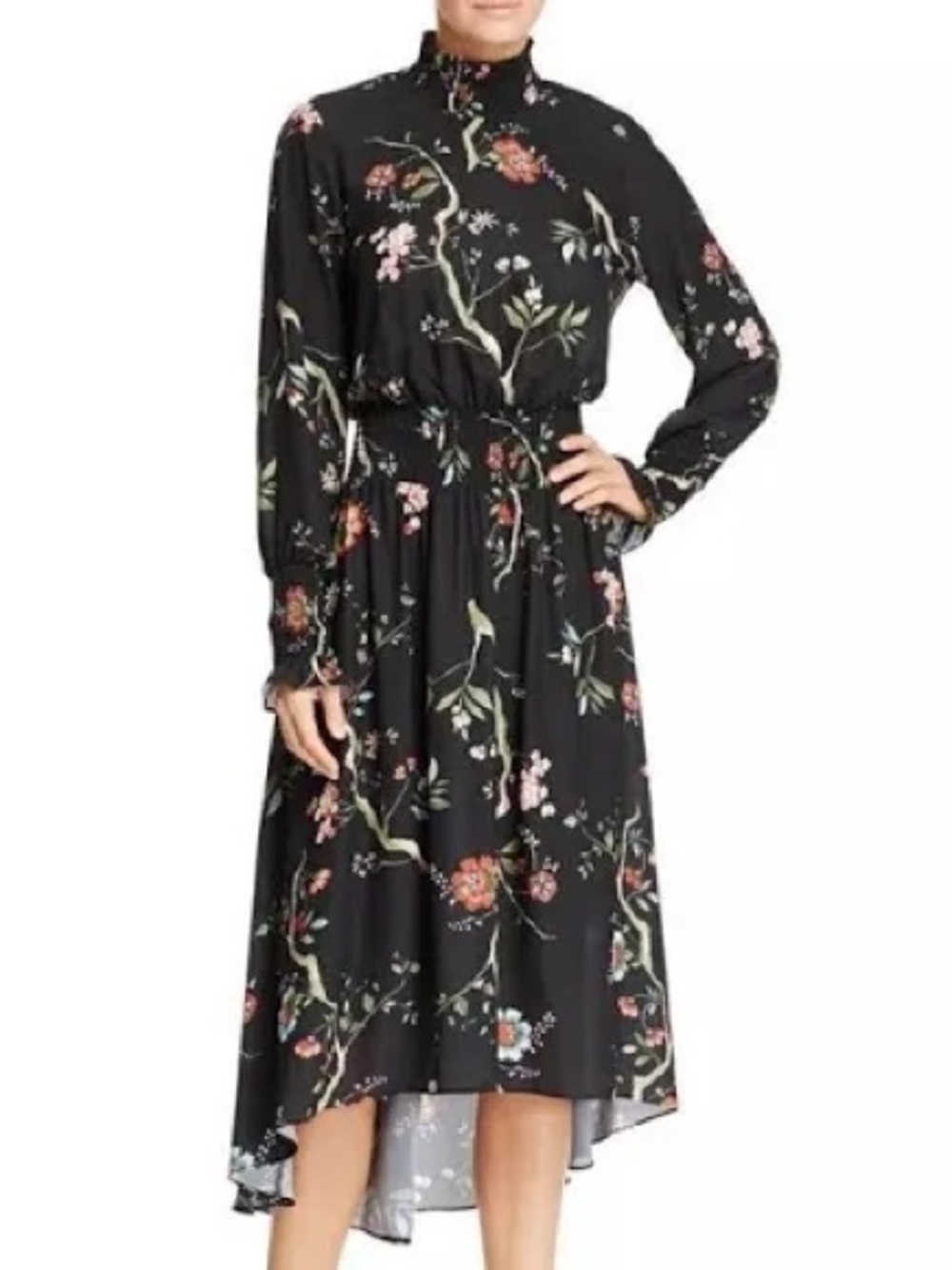 Nanette Lepore black smocked floral high-low chiffon dress sz 12 nwot